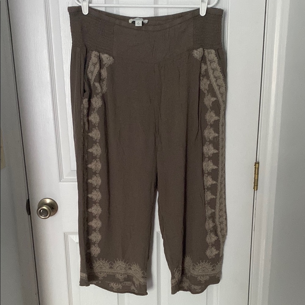 Sundance Taupe Wide Leg Pants with Embroidery